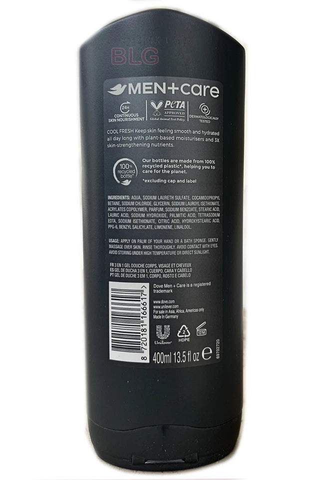Men +Care Invigorating Cool Fresh  +24 Hr Nourishing Micromoisture Body,Face & Hair Wash